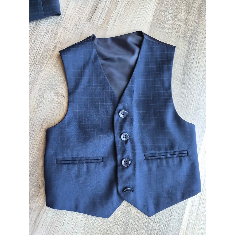 Andrew Fezza Boys Navy Blue Windowpane Plaid 3 Piece Suit Set Size 4 - Picture 2 of 13